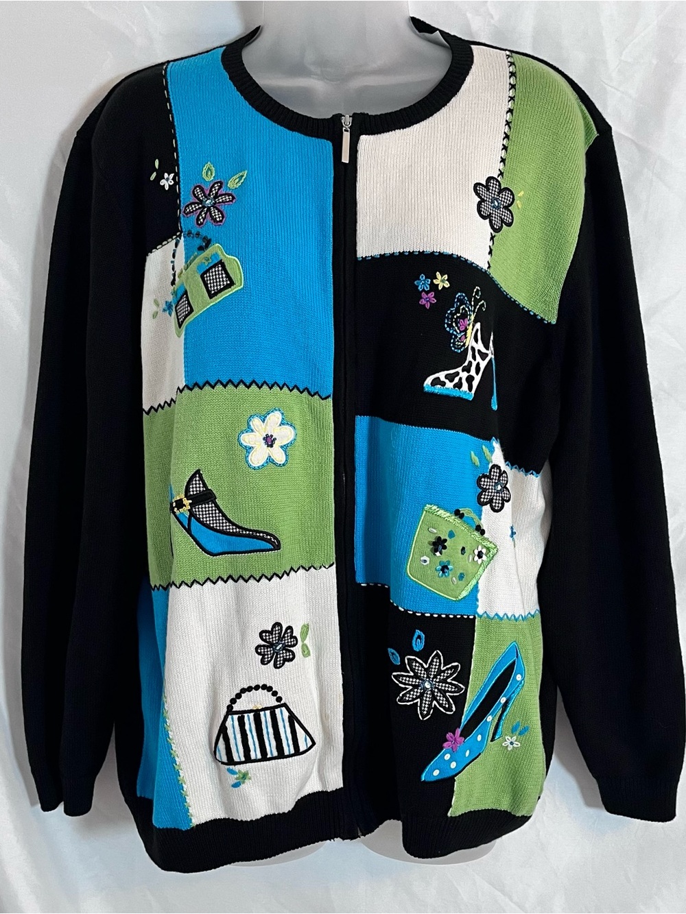 Vintage 90s Alfred Dunner Patchwork Novelty Cardigan Sweater 2X Grandmacore